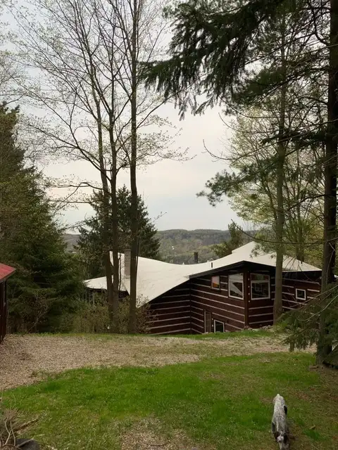 A log cabin in the woods with trees and grass.